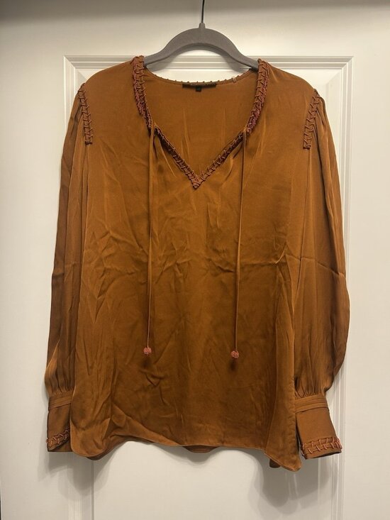Kobi Halperin Tops - Kobi Halperin Shirt Medium Silk Stretch Beaded Peasant Blouse Burnt Orange Beads